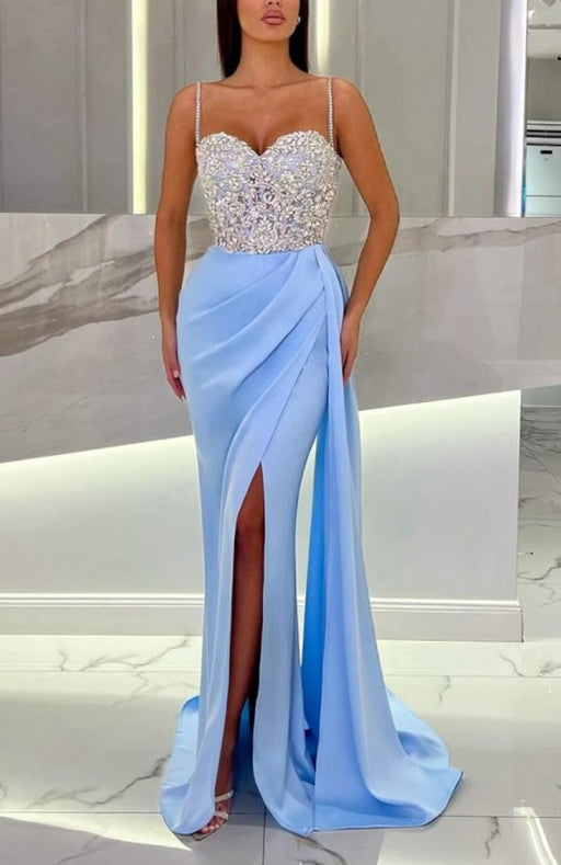 Baby Blue Prom Dress with High Slit Spaghetti Straps Sweetheart Neckline and Appliques - Prom Dresses