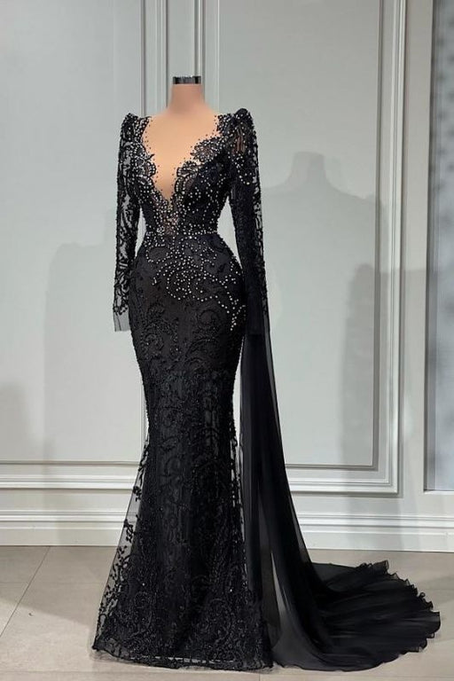 Stylish Black A-line Mermaid Evening Dress Deep V-Neck Beadings Long Sleeves Prom Dress - Prom Dress