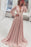 A-Line Deep V-Neck Pink Prom Dress with Appliques Long Sleeves - Prom Dresses