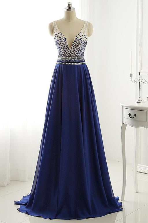 A Line Long Chiffon Royal Blue Crystal Prom Dress Eevening Gown - Prom Dresses