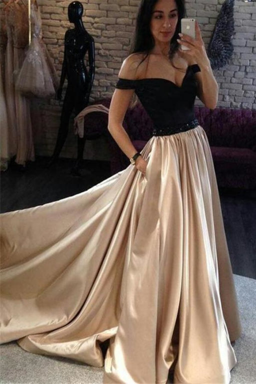 A Line Off the Shoulder Long Prom Floor Length Sexy Evening Dress with Black Top - Prom Dresses