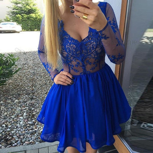 A-Line V-Neck Long Sleeves Chiffon Lace Homecoming Royal Blue Party Dress - Prom Dresses