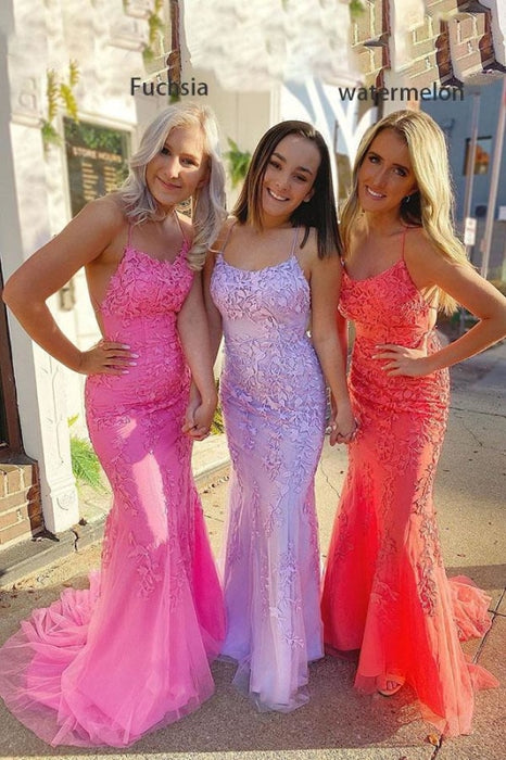Spaghetti Strap Backless Light Sky Blue Mermaid Prom Dresses - Fuchsia - Prom Dresses