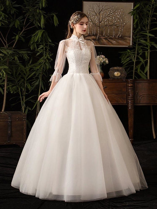 Gorgeous High Collar 3/4 Sleeve Lace-Up Ball Gown Wedding Dresses - White - wedding dresses