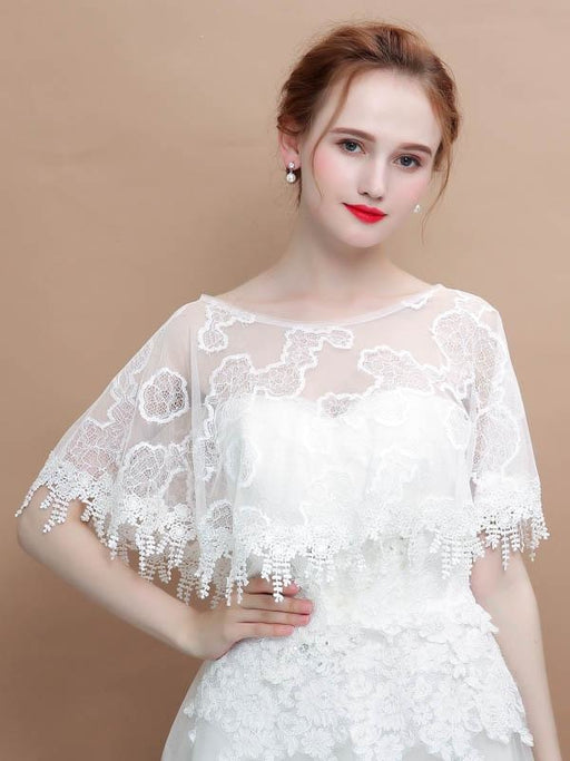 White Lace Tassel Appliqued Wedding Wraps | Bridelily - White / One Size - wedding wraps