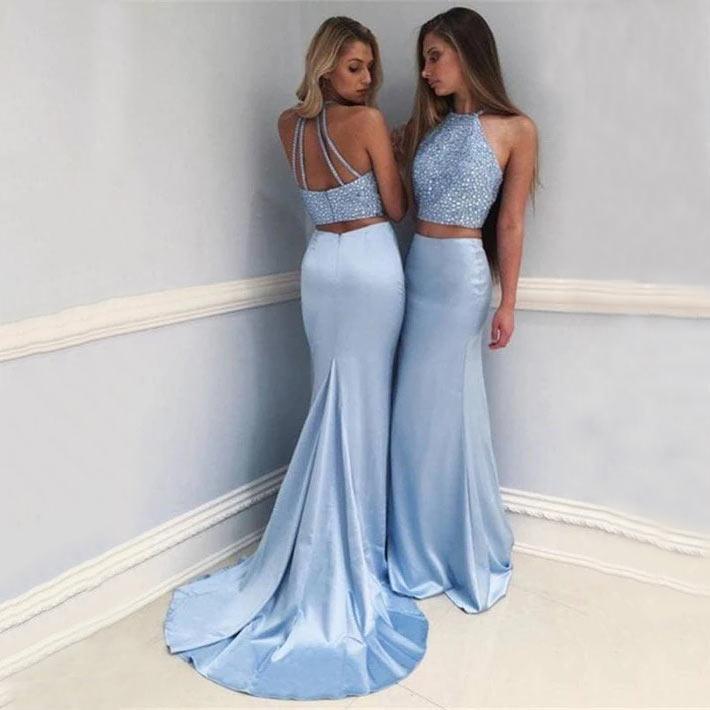 Simple Ball Gown V-neck Two Piece Lake Blue Satin Prom Dresses with Po –  Musebridals