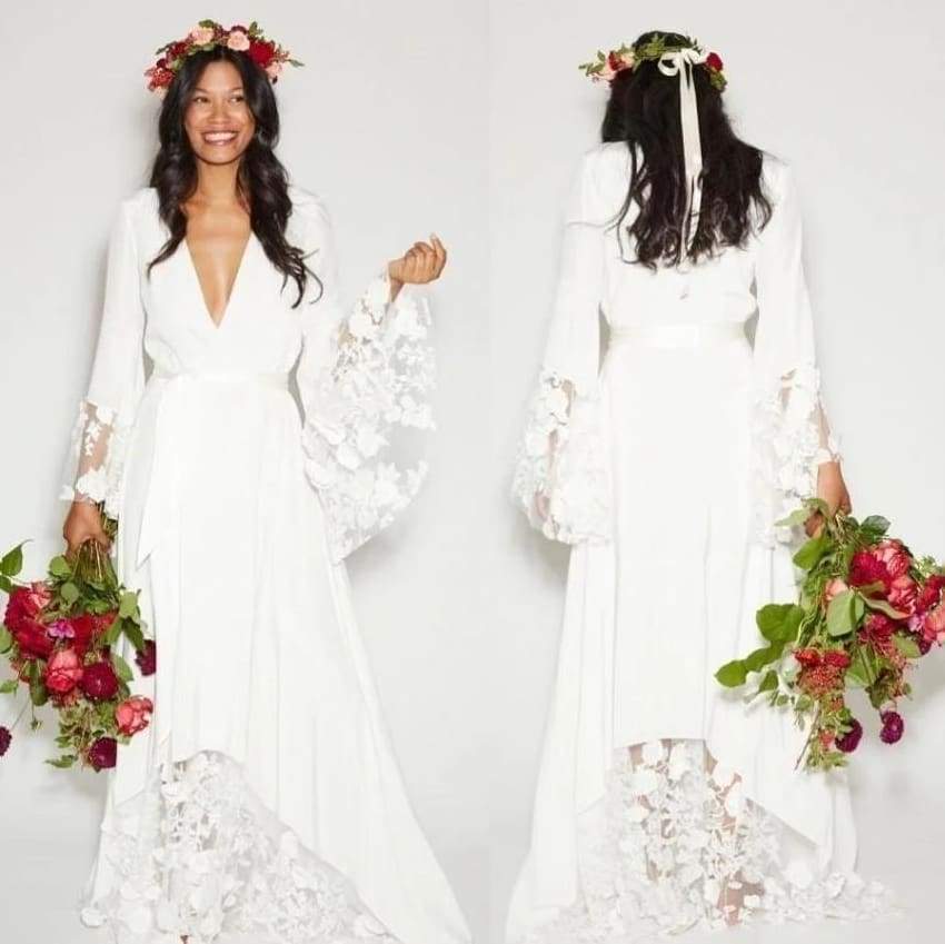 boho wedding dress under $100 sleeves fast shipping Boho Wedding Dress,Bell Sleeve Lace Bridal Dress,WD01009, US12 / Champagne