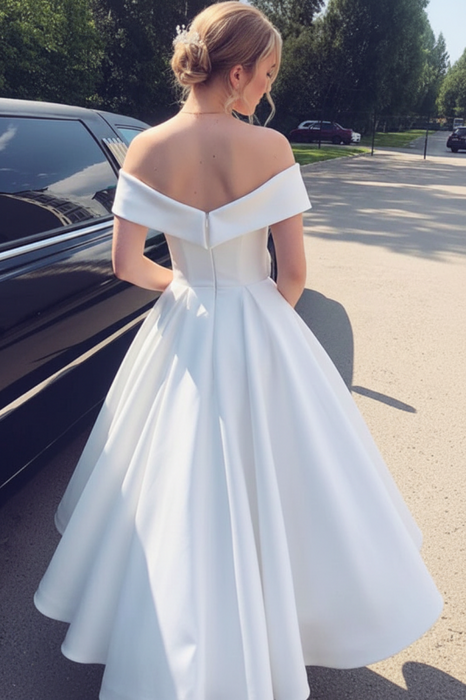 Elegant Off the Shoulder Tea Length White Satin Wedding Dress Bridelily Elegant Off the Shoulder Tea Length White Satin Wedding Dress Bridelily