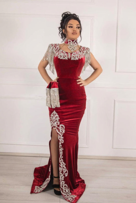 #1 Red Velvet Evening Dress High Neck Side Split