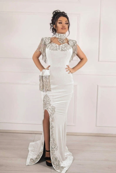 #10 White Ivory Velvet Evening Dress High Neck Side Split