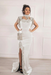 #10 White Ivory Velvet Evening Dress High Neck Side Split