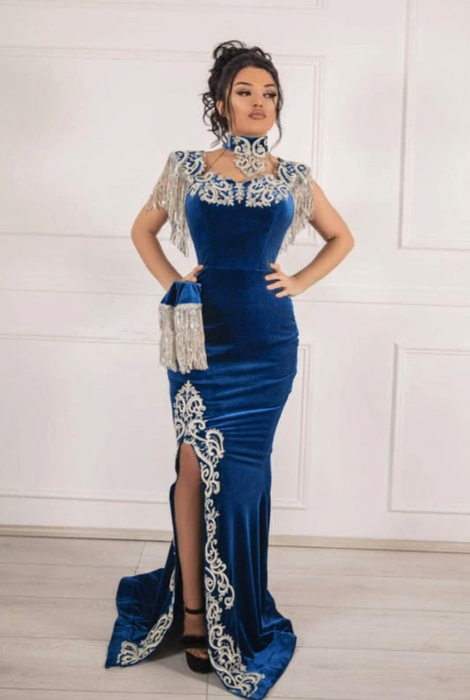#11 Royal Blue Velvet Evening Dress High Neck Side Split