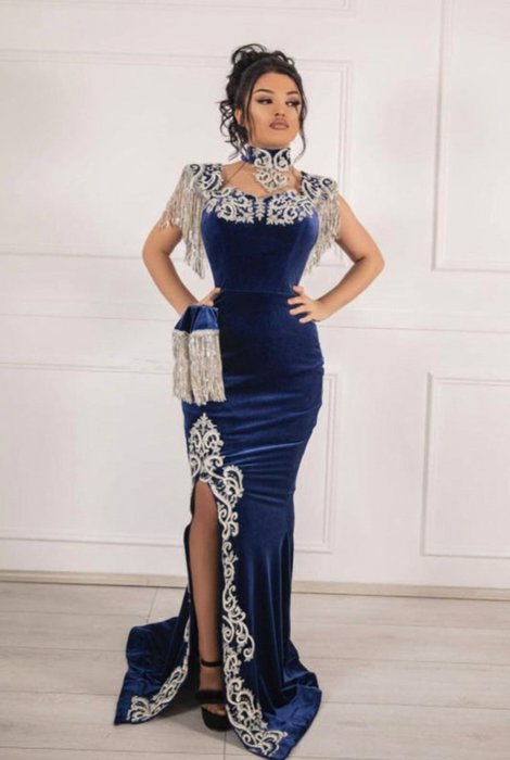 #12 Navy Blue Velvet Evening Dress High Neck Side Split