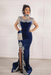 #12 Navy Blue Velvet Evening Dress High Neck Side Split