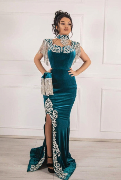 #13 Teal Velvet Evening Dress High Neck Side Split
