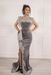 #14 Silver Grey Velvet Evening Dress High Neck Side Split