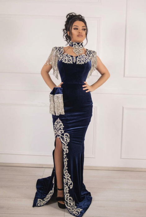 #17 Dark Navy Velvet Evening Dress High Neck Side Split