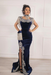 #17 Dark Navy Velvet Evening Dress High Neck Side Split