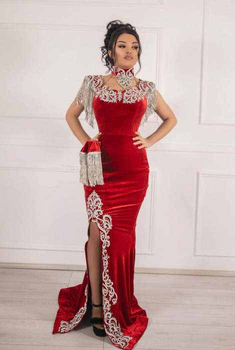 #18 Bright Red Velvet Evening Dress High Neck Side Split