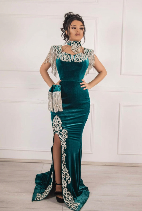 #20 Peacock Green Velvet Evening Dress High Neck Side Split