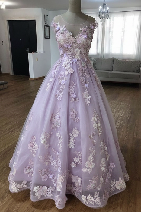 Puffy Sheer Neck Floor Length Party Dress Flowers Long Prom Gown with Appliques
