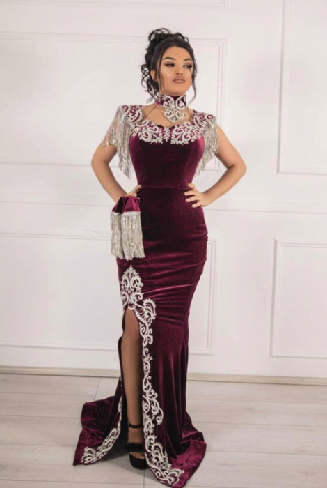 #21 Deep Plum Velvet Evening Dress High Neck Side Split