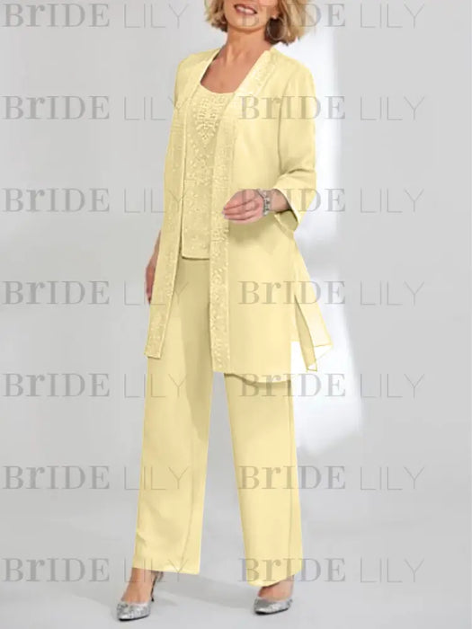 Ankle-Length Chiffon Mother of the Bride Pantsuit with Jacket in Scoop Style