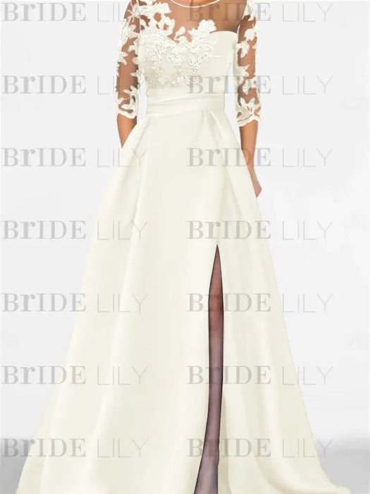 Sweetheart A-Line Princess Floor-Length Mother of the Bride Dress with 3/4 Sleeves Lace & Side Split