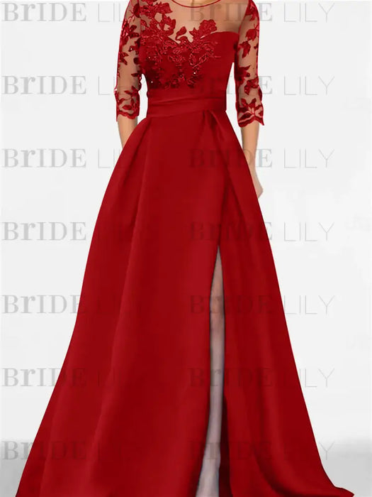 Sweetheart A-Line Princess Floor-Length Mother of the Bride Dress with 3/4 Sleeves Lace & Side Split