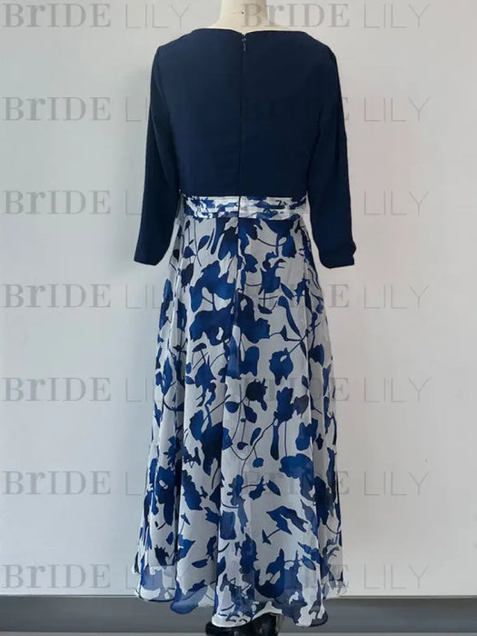 Princess A-Line V-Neck Floral Mother of the Bride Dress with 3/4 Sleeves and Ankle Length