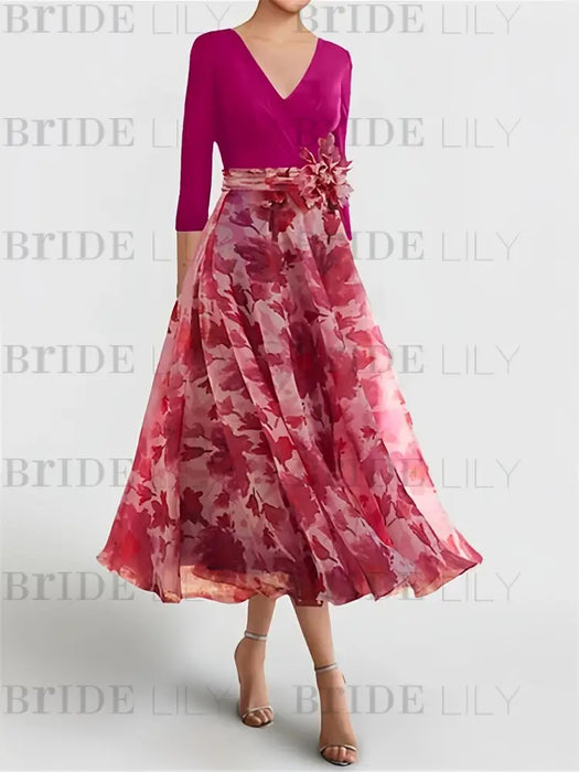 Princess A-Line V-Neck Floral Mother of the Bride Dress with 3/4 Sleeves and Ankle Length