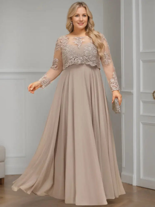 Plus Size Floor-Length A-Line Mother of the Bride Dress with Scoop Neck and Long Sequined Sleeves