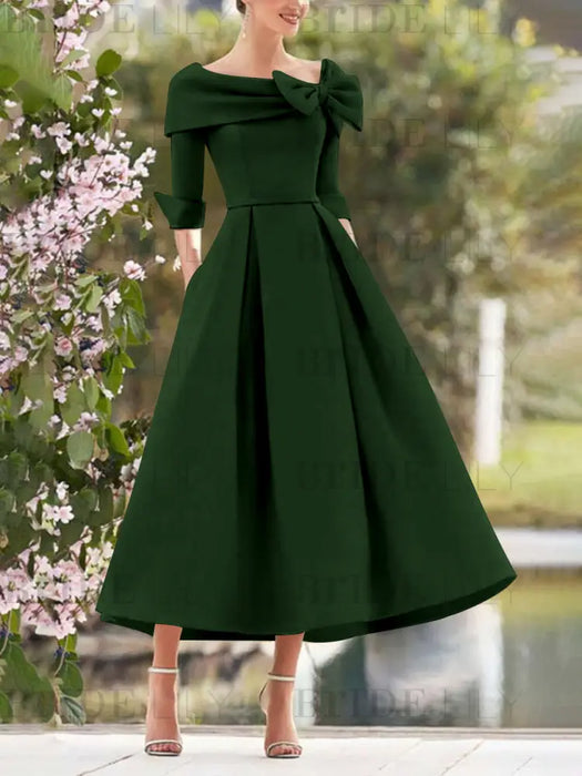 Elegant A-Line Princess Dresses with Cowl Neck and Bows 3/4 Sleeves Tea Length for Mothers of the Bride & Groom