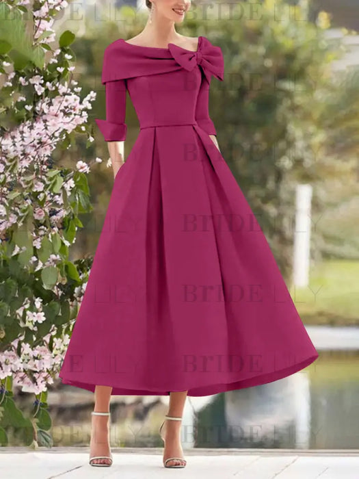 Elegant A-Line Princess Dresses with Cowl Neck and Bows 3/4 Sleeves Tea Length for Mothers of the Bride & Groom