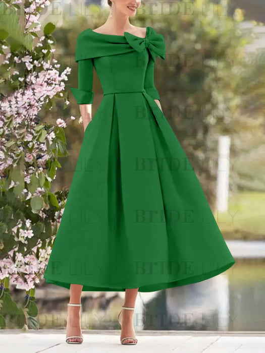 Elegant A-Line Princess Dresses with Cowl Neck and Bows 3/4 Sleeves Tea Length for Mothers of the Bride & Groom