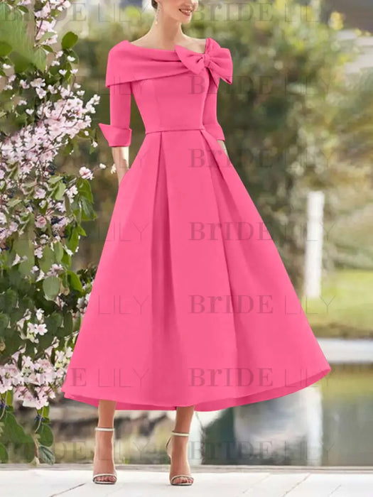Elegant A-Line Princess Dresses with Cowl Neck and Bows 3/4 Sleeves Tea Length for Mothers of the Bride & Groom