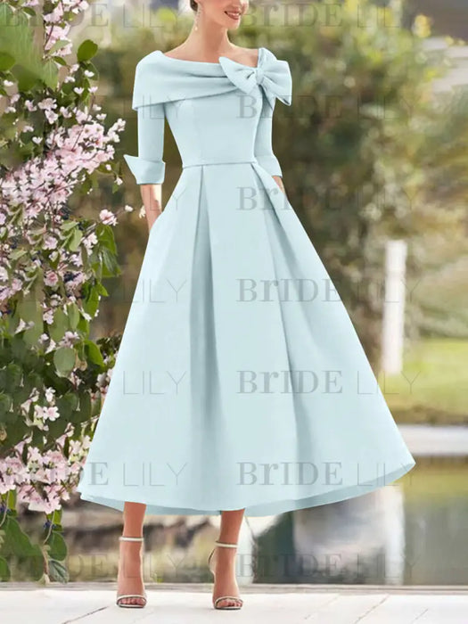 Elegant A-Line Princess Dresses with Cowl Neck and Bows 3/4 Sleeves Tea Length for Mothers of the Bride & Groom