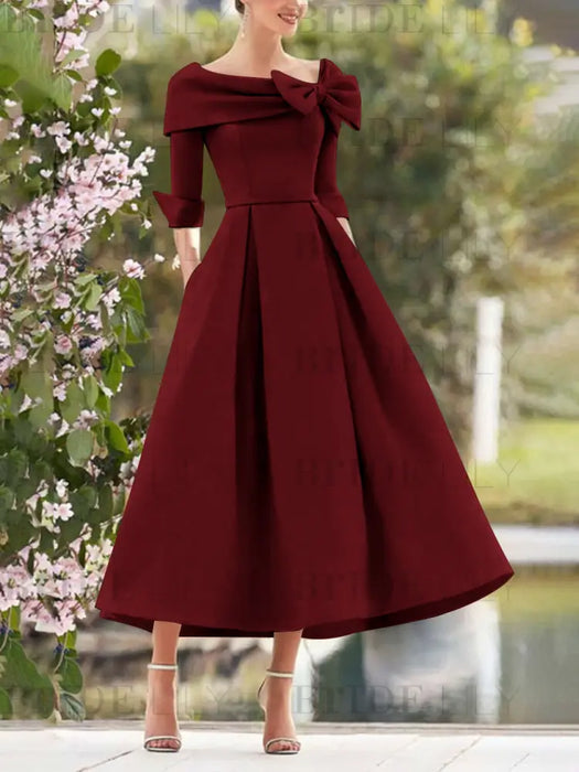 Elegant A-Line Princess Dresses with Cowl Neck and Bows 3/4 Sleeves Tea Length for Mothers of the Bride & Groom