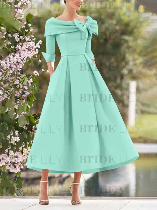 Elegant A-Line Princess Dresses with Cowl Neck and Bows 3/4 Sleeves Tea Length for Mothers of the Bride & Groom