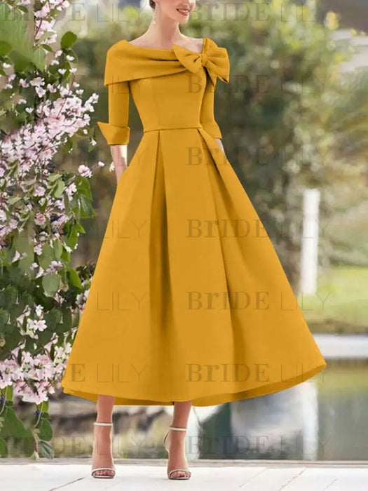 Elegant A-Line Princess Dresses with Cowl Neck and Bows 3/4 Sleeves Tea Length for Mothers of the Bride & Groom