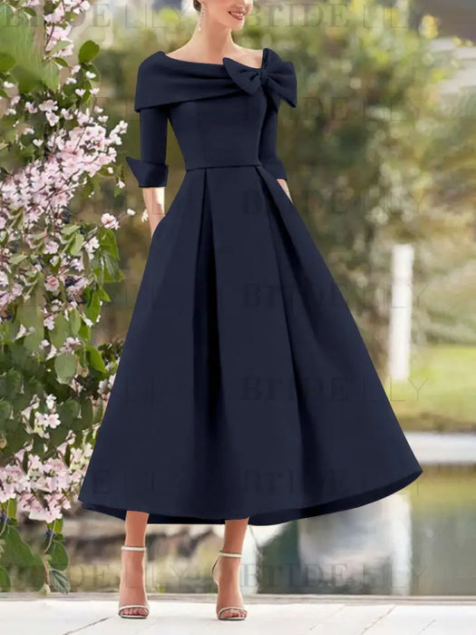 Elegant A-Line Princess Dresses with Cowl Neck and Bows 3/4 Sleeves Tea Length for Mothers of the Bride & Groom