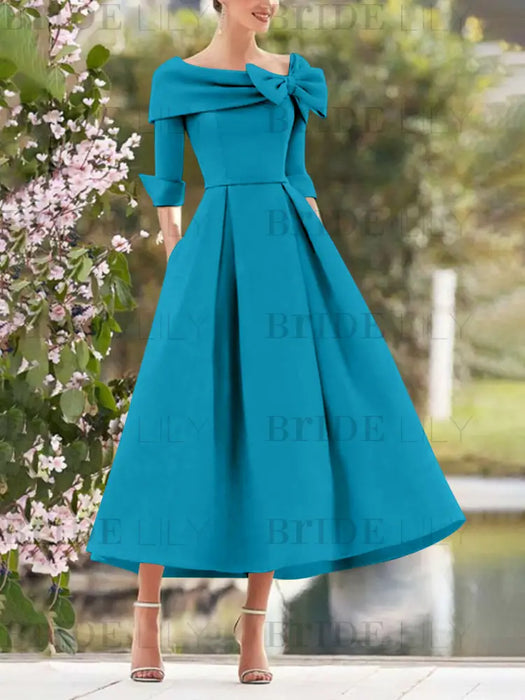 Elegant A-Line Princess Dresses with Cowl Neck and Bows 3/4 Sleeves Tea Length for Mothers of the Bride & Groom
