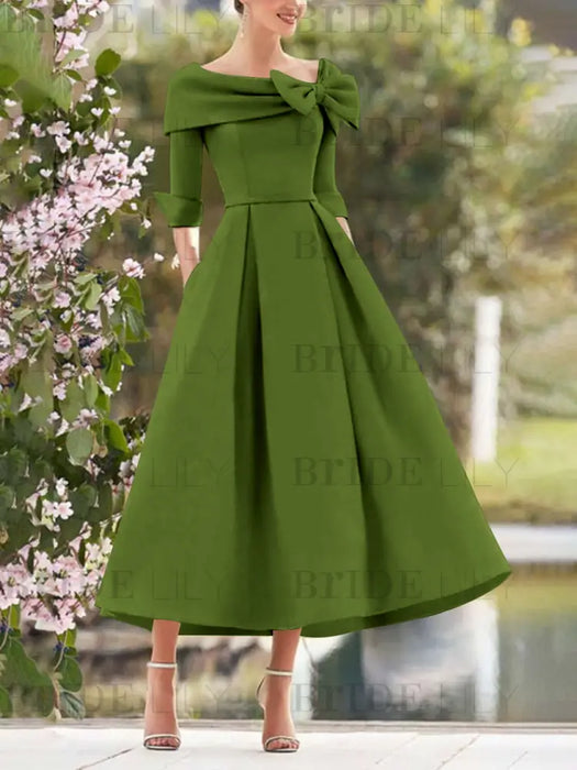 Elegant A-Line Princess Dresses with Cowl Neck and Bows 3/4 Sleeves Tea Length for Mothers of the Bride & Groom
