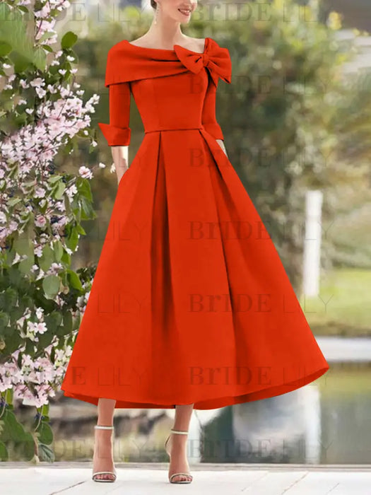 Elegant A-Line Princess Dresses with Cowl Neck and Bows 3/4 Sleeves Tea Length for Mothers of the Bride & Groom
