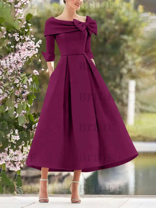 Elegant A-Line Princess Dresses with Cowl Neck and Bows 3/4 Sleeves Tea Length for Mothers of the Bride & Groom