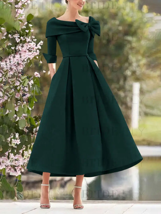 Elegant A-Line Princess Dresses with Cowl Neck and Bows 3/4 Sleeves Tea Length for Mothers of the Bride & Groom