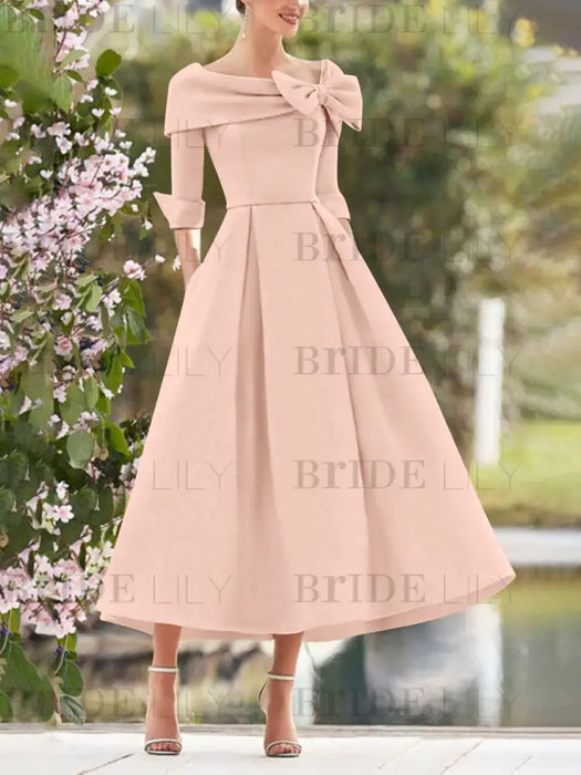 Elegant A-Line Princess Dresses with Cowl Neck and Bows 3/4 Sleeves Tea Length for Mothers of the Bride & Groom