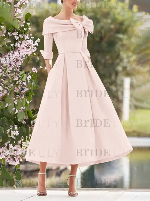 Elegant A-Line Princess Dresses with Cowl Neck and Bows 3/4 Sleeves Tea Length for Mothers of the Bride & Groom
