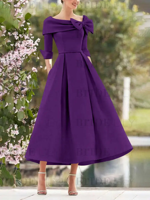 Elegant A-Line Princess Dresses with Cowl Neck and Bows 3/4 Sleeves Tea Length for Mothers of the Bride & Groom
