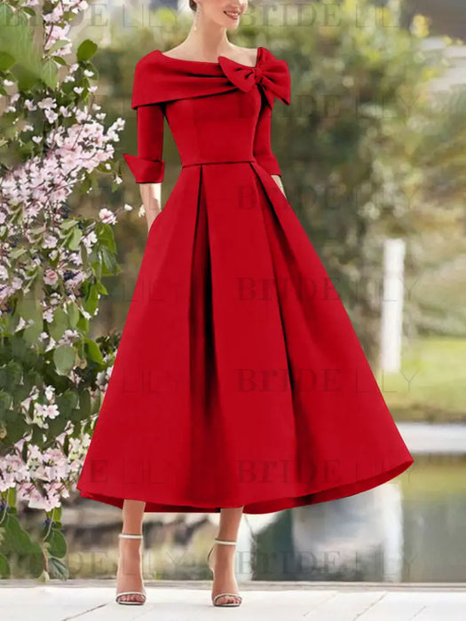 Elegant A-Line Princess Dresses with Cowl Neck and Bows 3/4 Sleeves Tea Length for Mothers of the Bride & Groom
